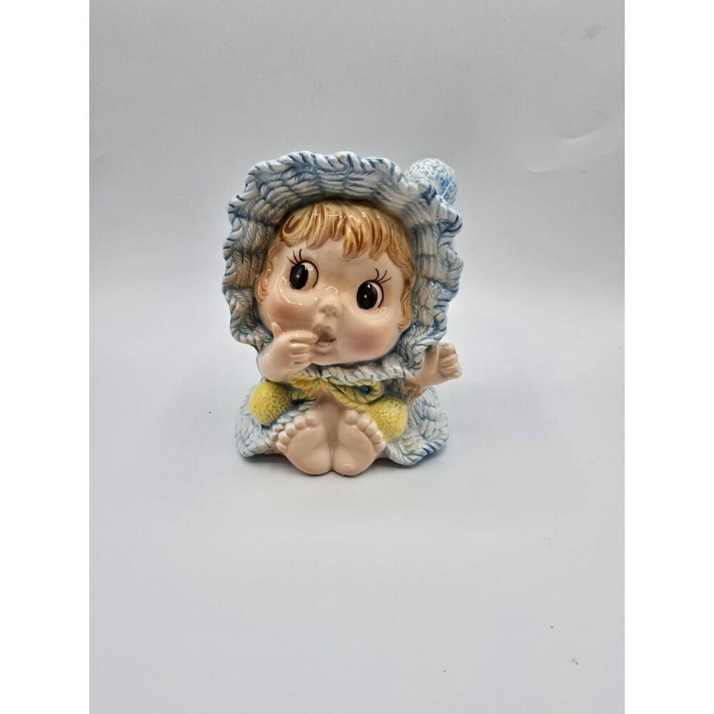 Vintage Ceramic Planter of Baby in Blue Outfit with Yellow Pom Poms MCM